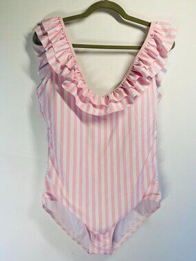 NEW Ruffle Striped Pink & White One-Piece Swimsuit For Women XL With Padded Cups